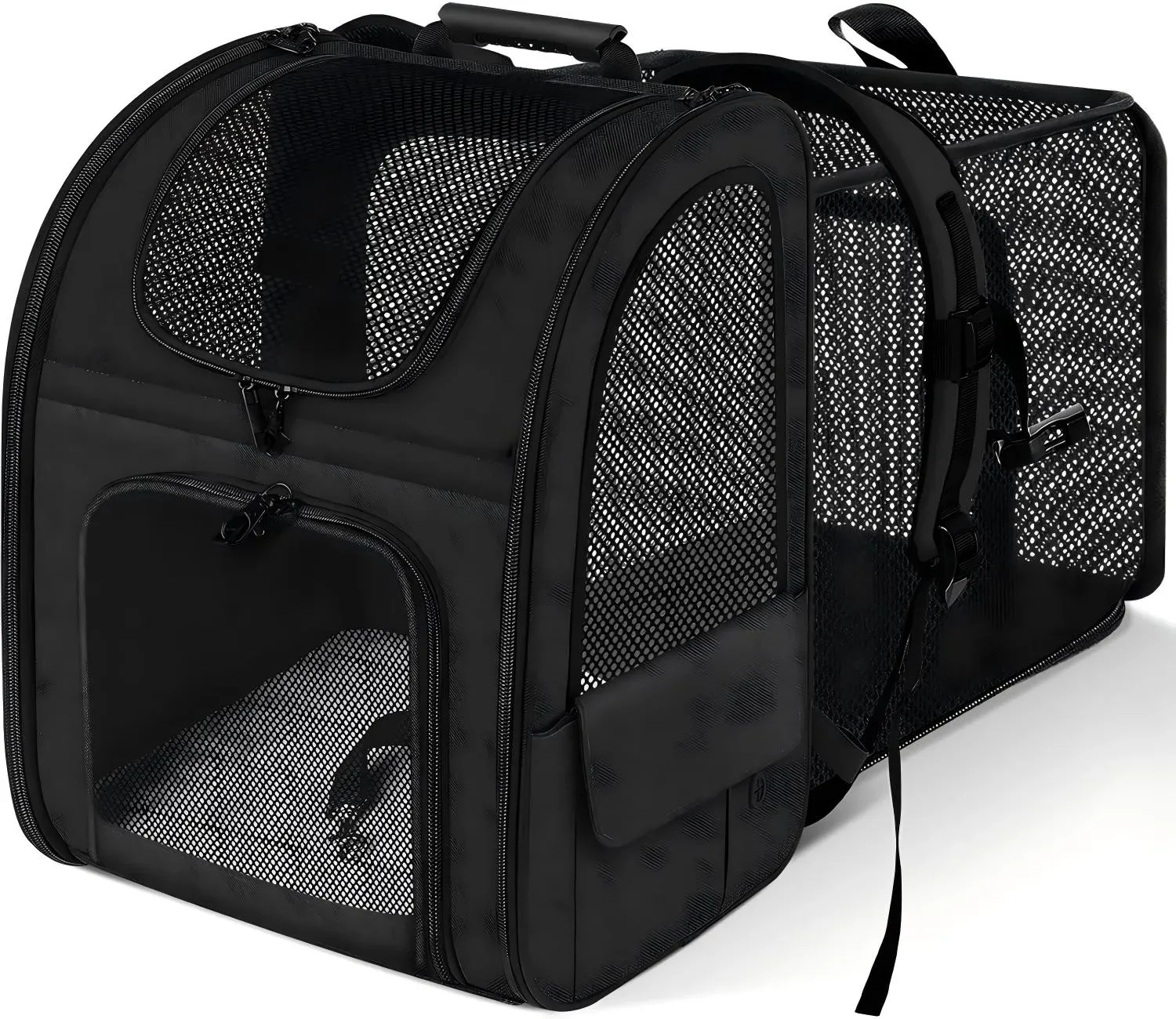 Expandable pet backpack showing its carrying shape and expansion layout