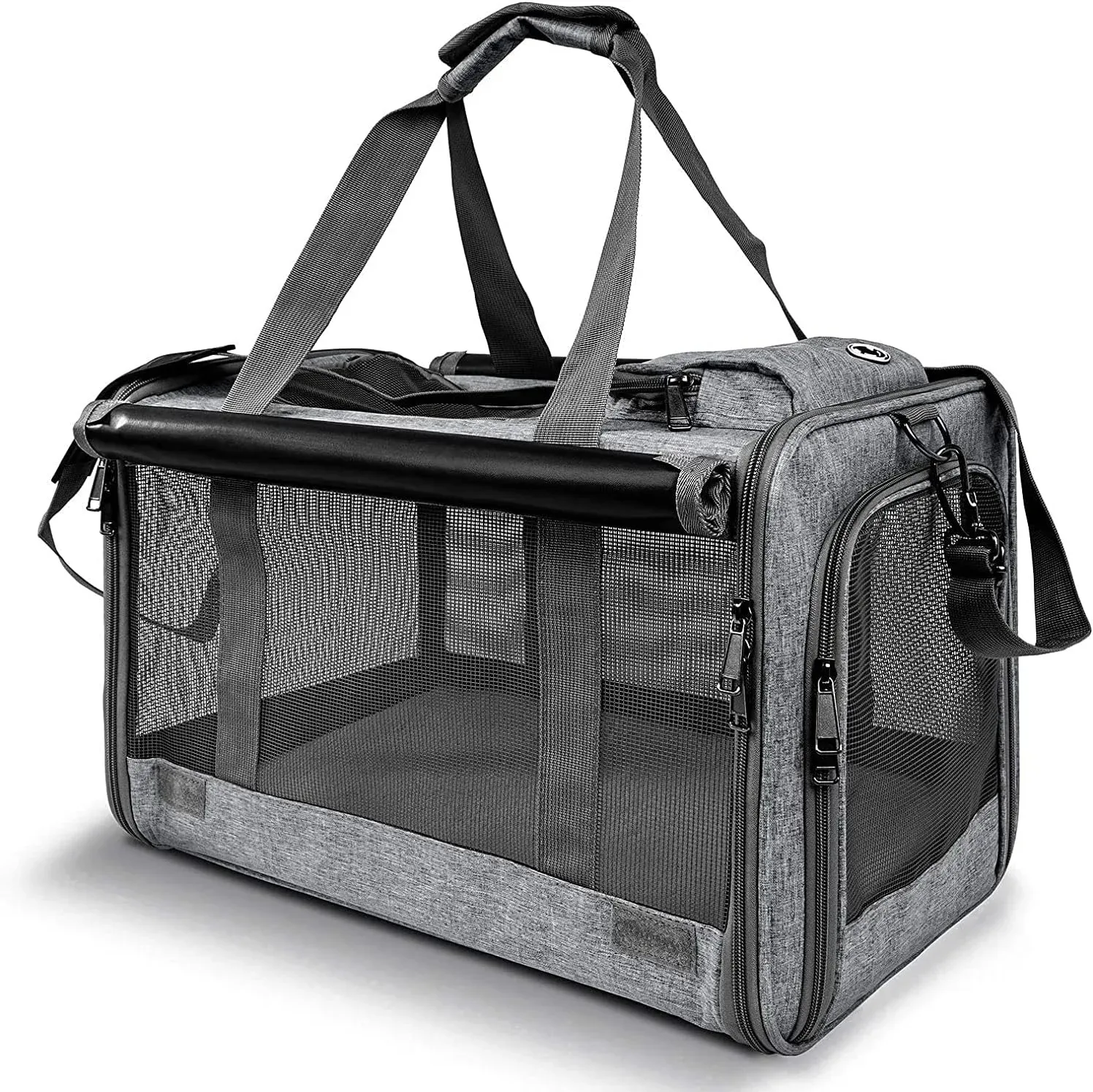 Soft-sided pet carrier with mesh openings and carrying handles
