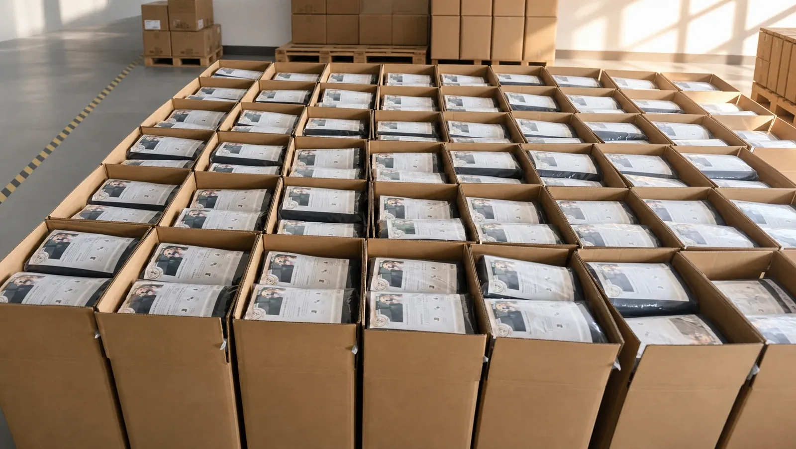 Pet products arranged in open cartons during packing preparation