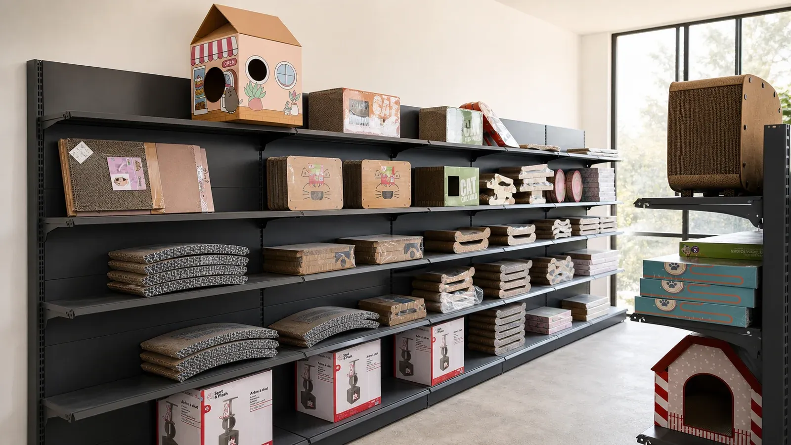 Shelves of pet product samples and packaged formats used for product selection discussions