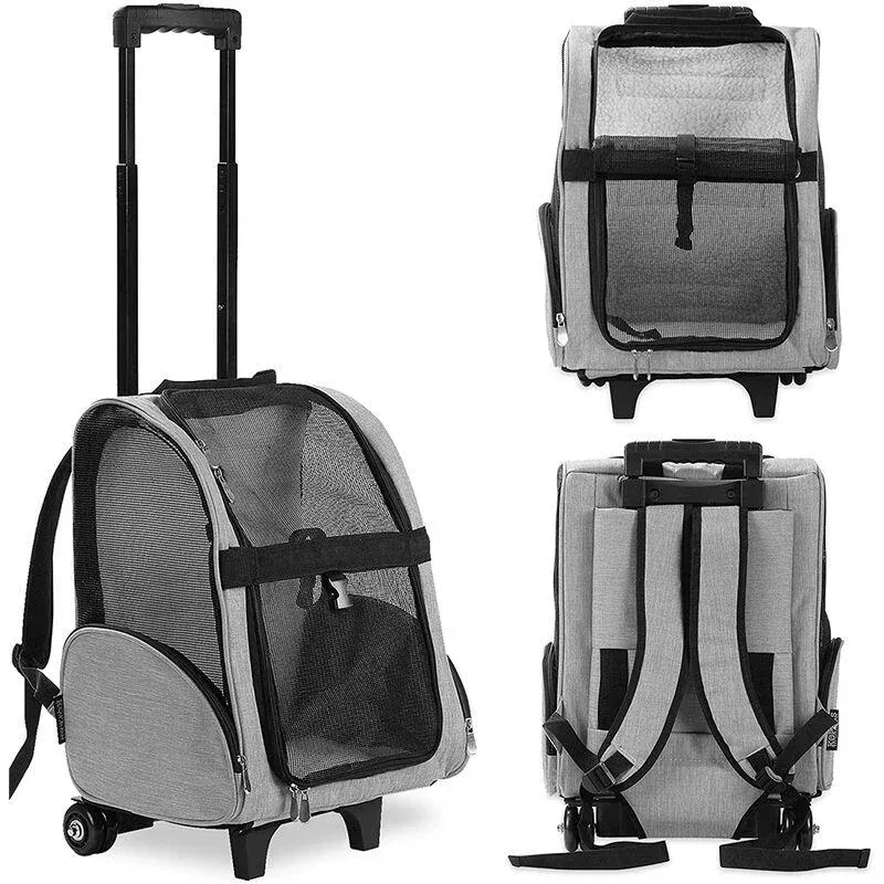 Convertible pet trolley and backpack showing the front openings, handles and shoulder straps